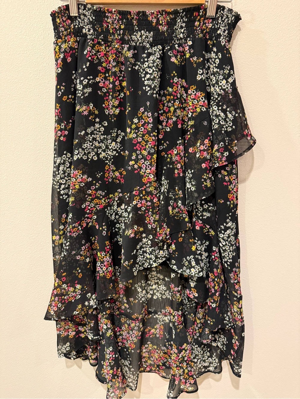 CeCe Black Floral High Low Ruffle Skirt